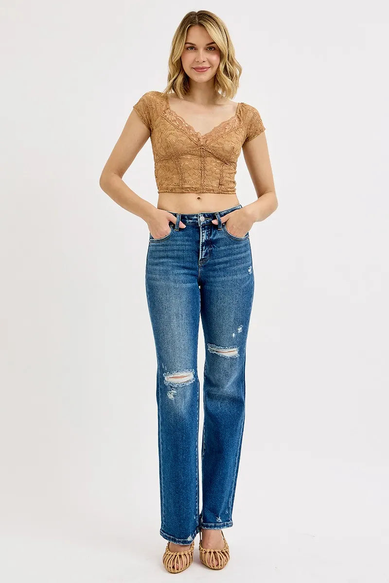 RISEN Full Size Tummy Control High Rise Straight Distressed Jeans Plus Size OutfitFlow