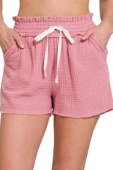 Zenana Double Gauze Elasticband Drawstring Waist Shorts LT ROSE OutfitFlow