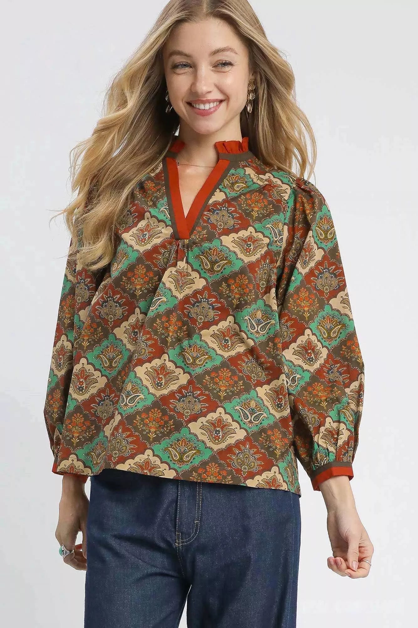 Umgee Abstract Print Ruffle Neck Top TEAL GREEN MIX OutfitFlow