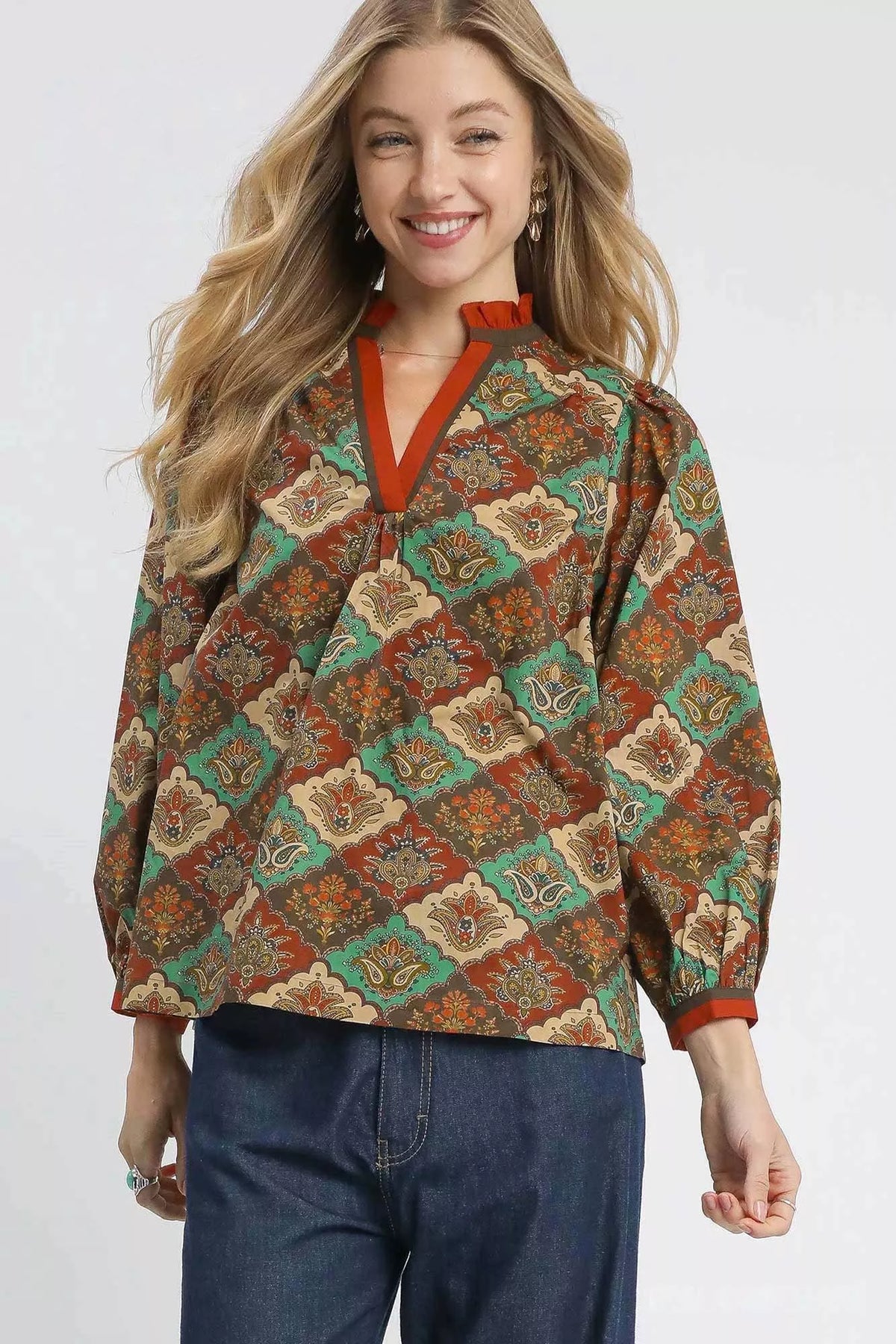 Umgee Abstract Print Ruffle Neck Top TEAL GREEN MIX OutfitFlow