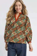 Umgee Abstract Print Ruffle Neck Top TEAL GREEN MIX OutfitFlow
