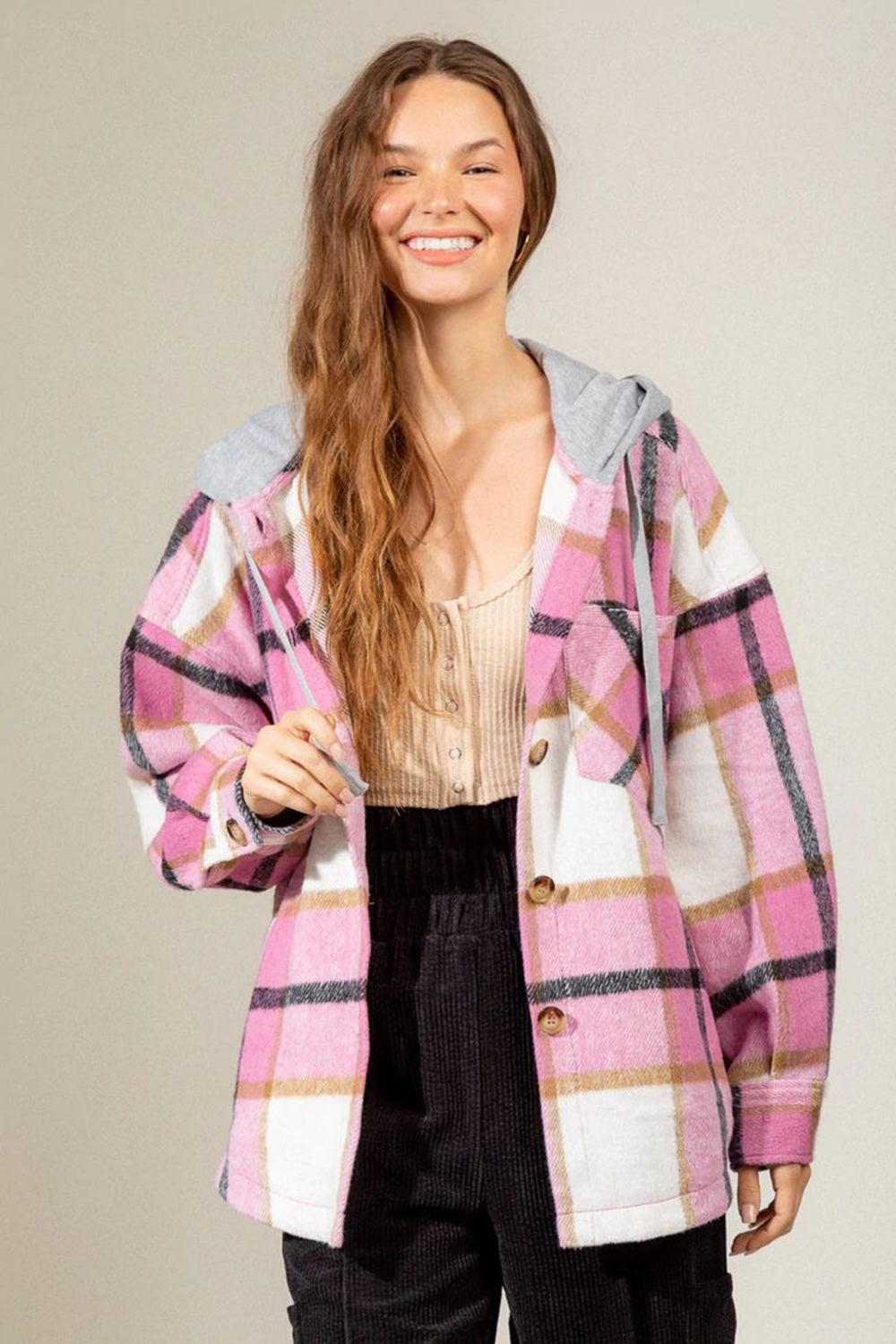 Outfit Flow - Drawstring Plaid Dropped Shoulder Hooded Jacket