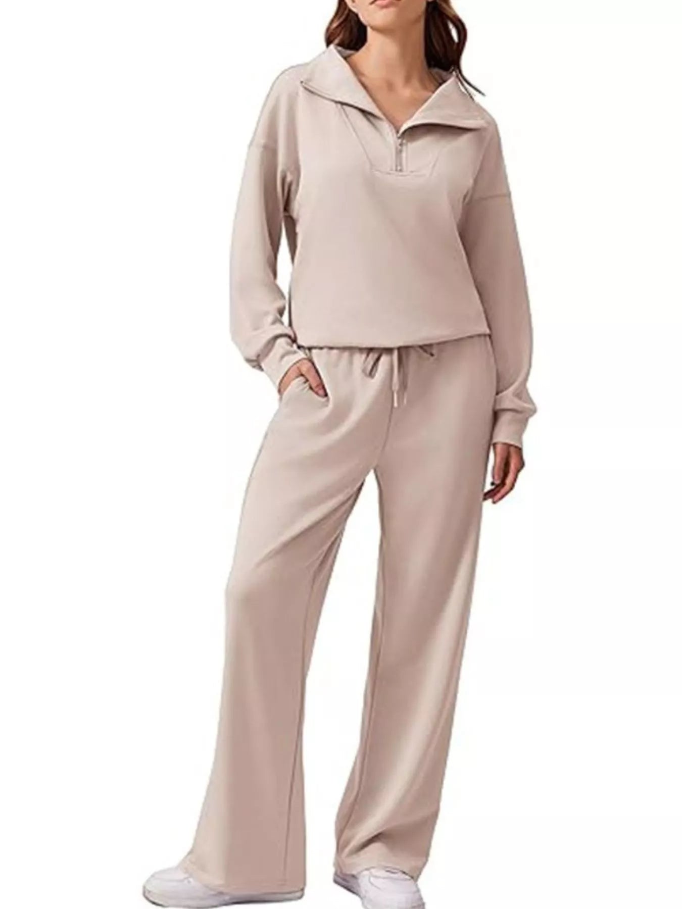 Zip Collar Dropped Shoulder Top and Pants Set Tan OutfitFlow