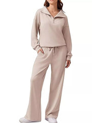 Zip Collar Dropped Shoulder Top and Pants Set Tan OutfitFlow
