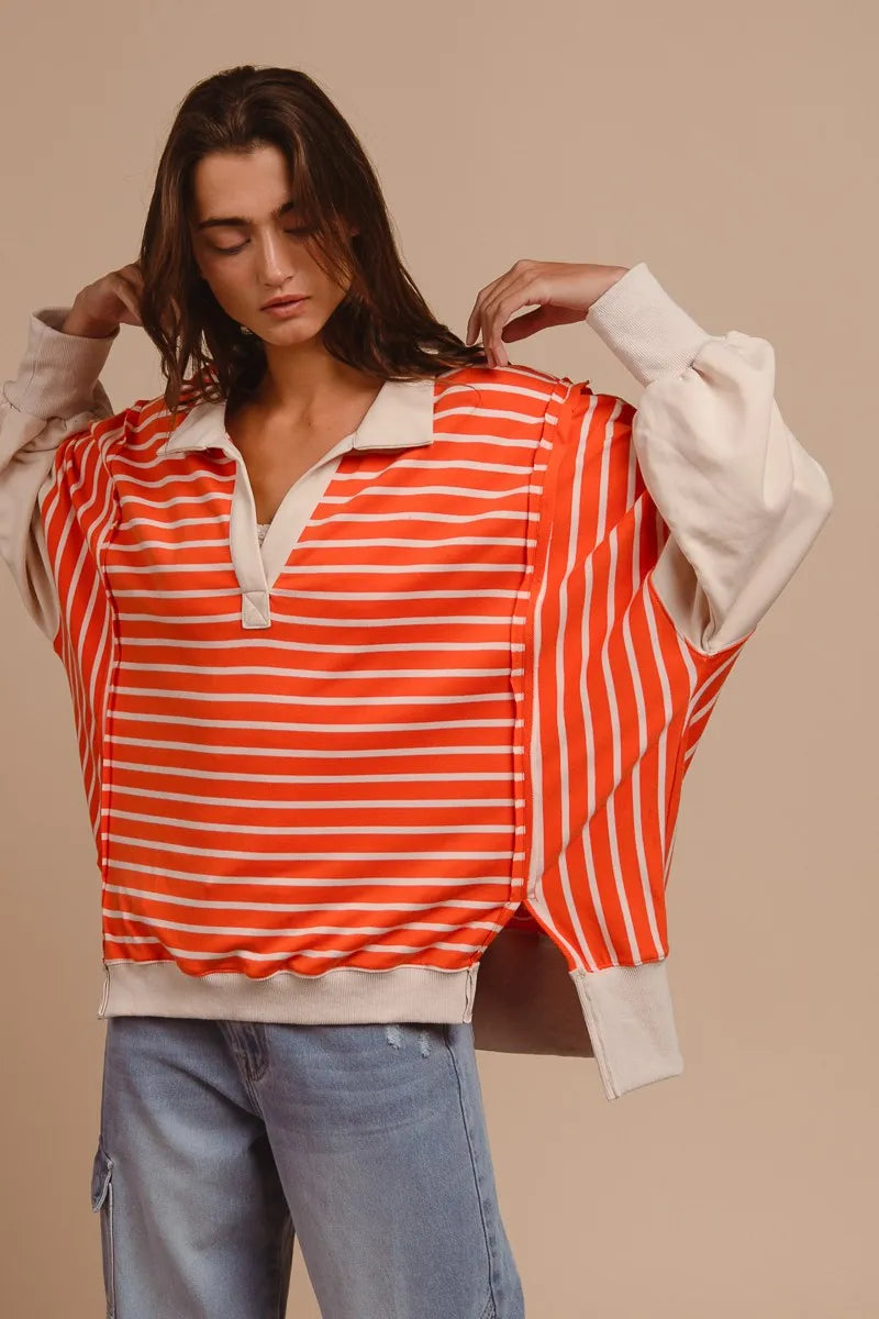 BiBi Stripe Knit Loose Fit Top With Cut Edge Detail OutfitFlow
