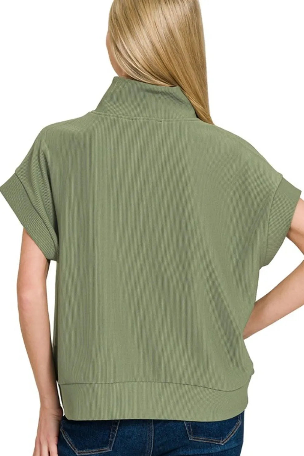 Zenana Ribbed High Neck Half Zip Top OutfitFlow