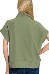 Zenana Ribbed High Neck Half Zip Top OutfitFlow