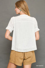 Umgee Peter Pan Collared Button Down Textured Shirt with Ruffled Detail Trendsi