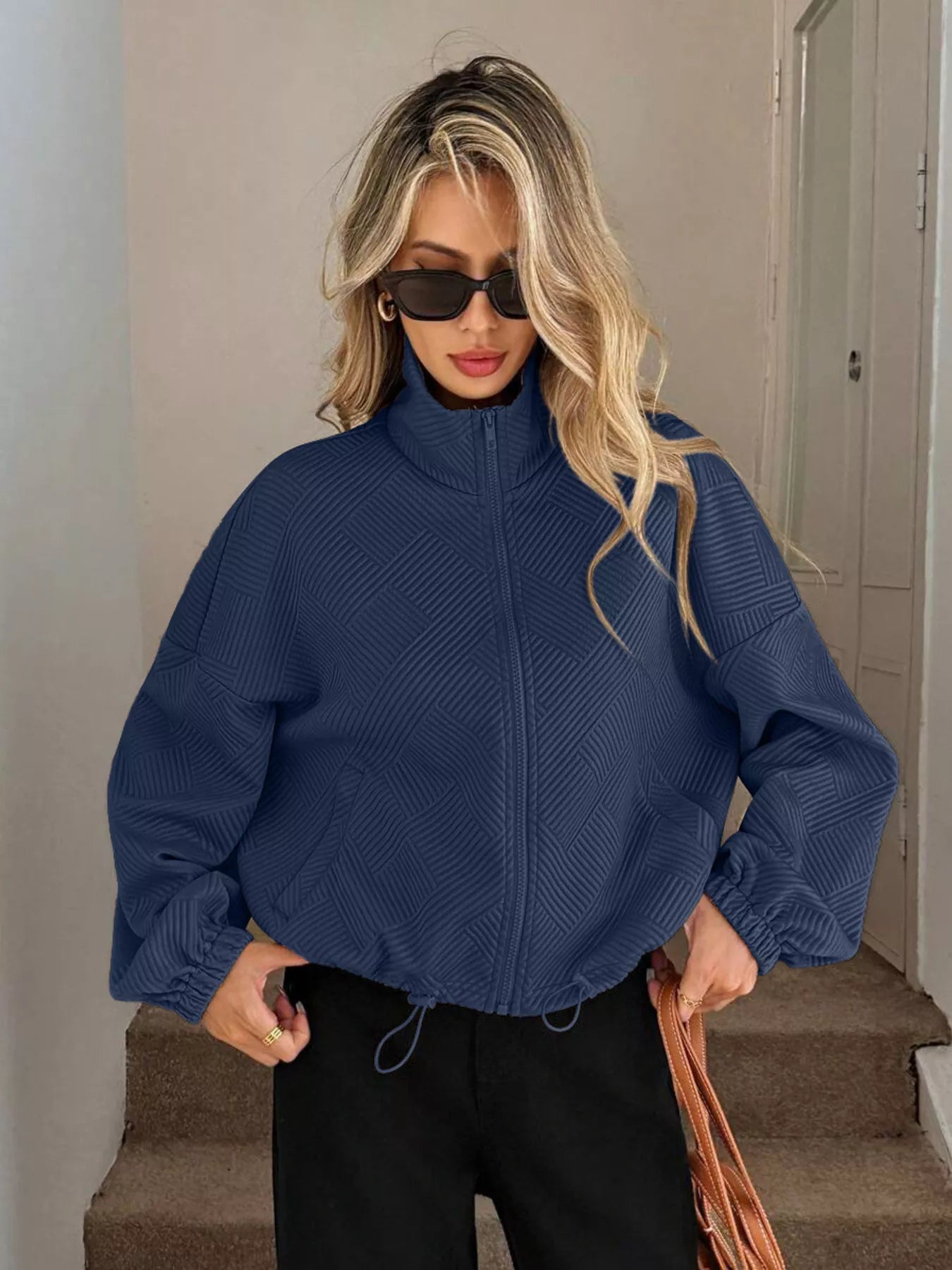 Drawstring Hem Textured Long Sleeve Jacket OutfitFlow