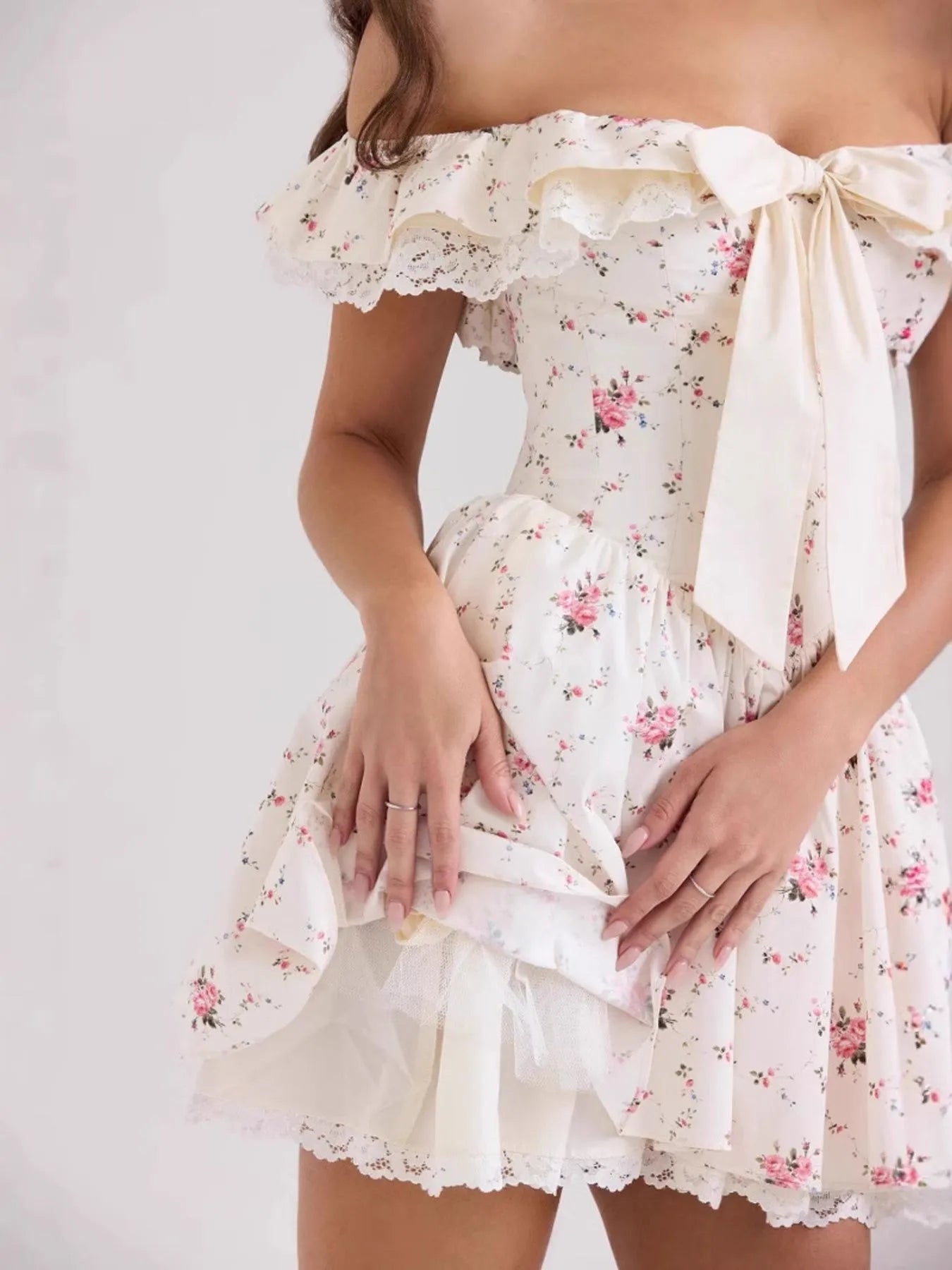 Off-Shoulder Floral Lace Trim Mini Dress OutfitFlow