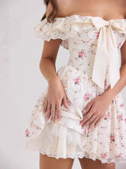 Off-Shoulder Floral Lace Trim Mini Dress OutfitFlow