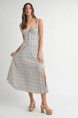 MABLE Floral Print Bustier Back Lace Up Midi Dress OutfitFlow