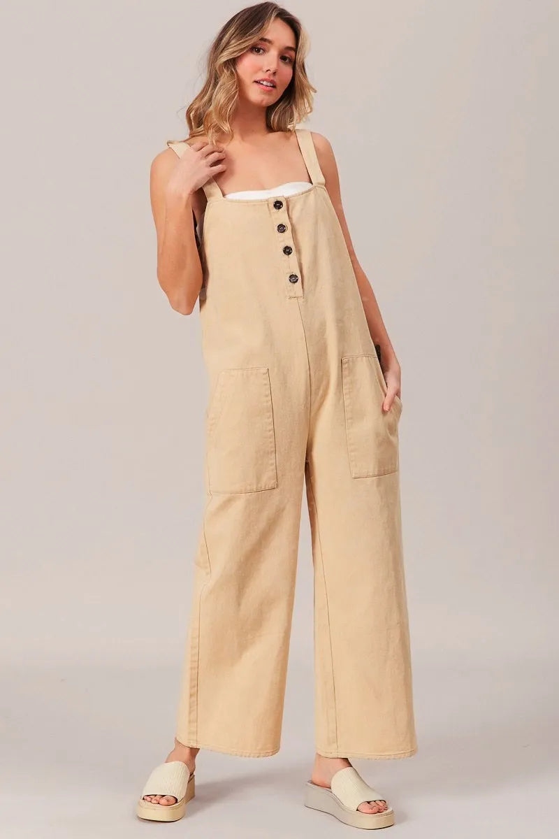 BiBi Washed Denim Buttoned Overall Jumpsuit OATMEAL OutfitFlow