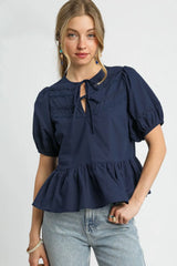 Umgee Tie Front Puff Sleeve Blouse OutfitFlow