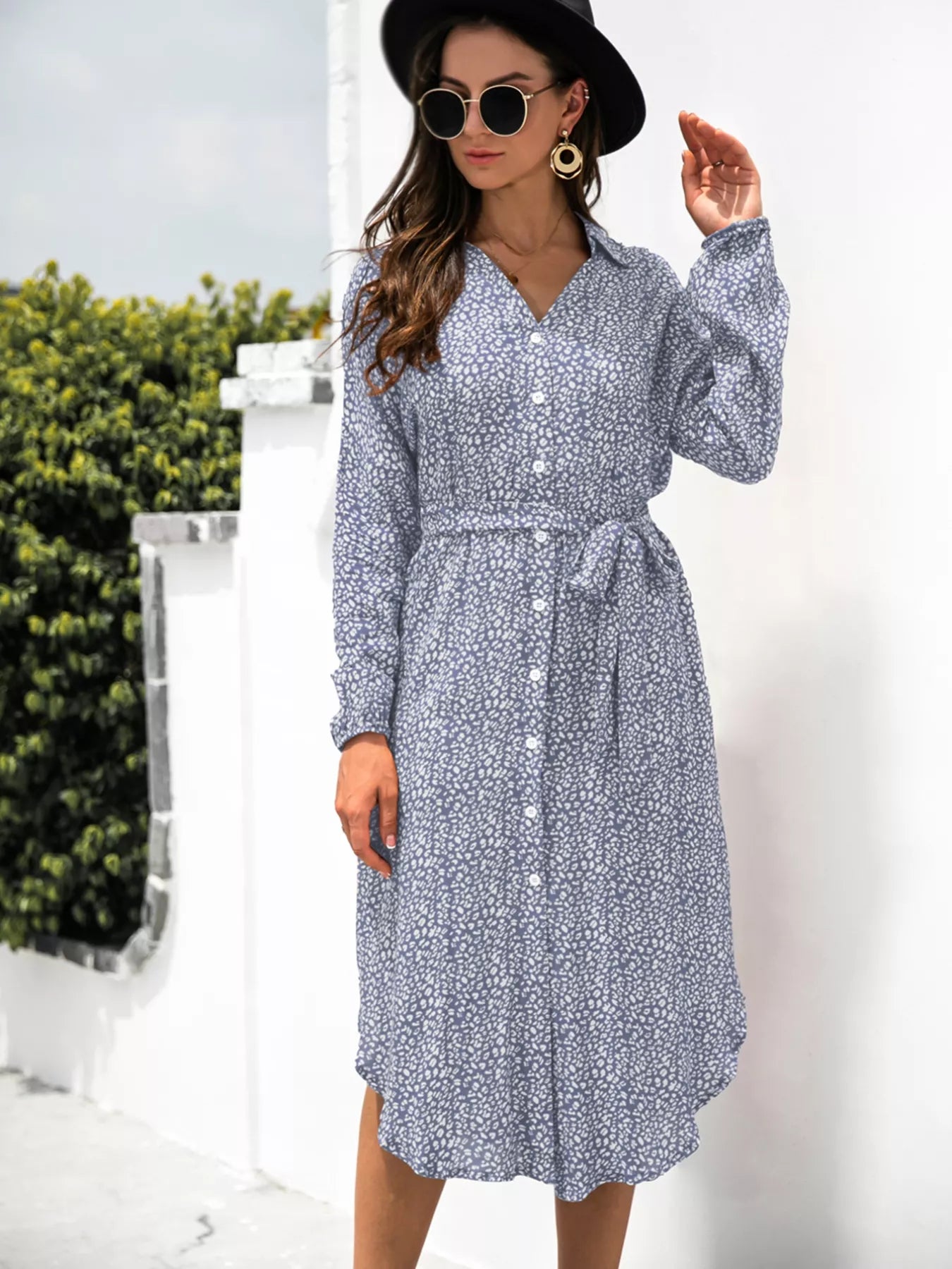 Button Down Printed Long Sleeve Shirt Dress OutfitFlow