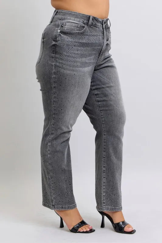 Judy Blue Full Size High Waist Rhinestone Straight Jeans Plus Size OutfitFlow