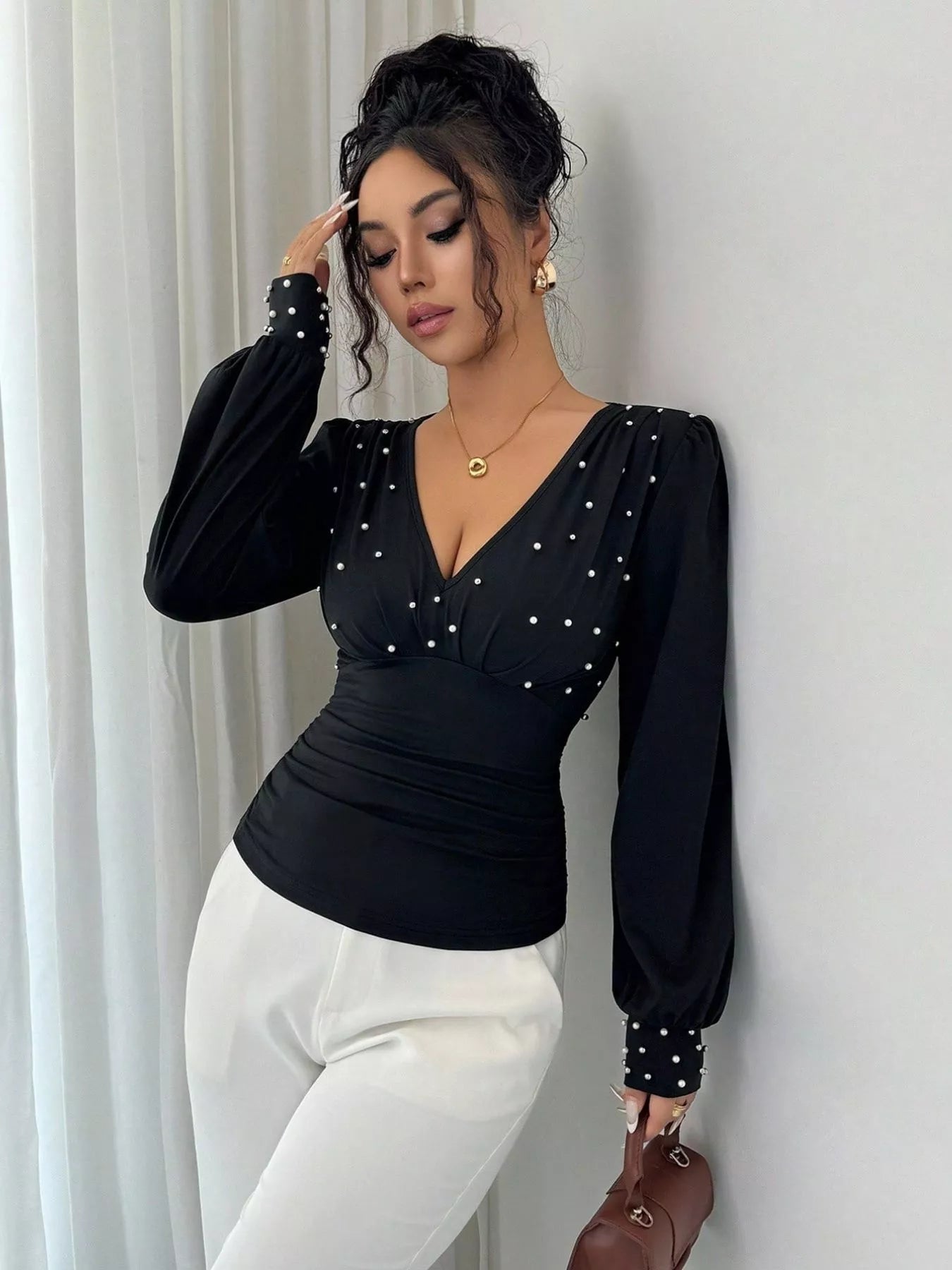 Pearl Embellished V-Neck Blouse OutfitFlow