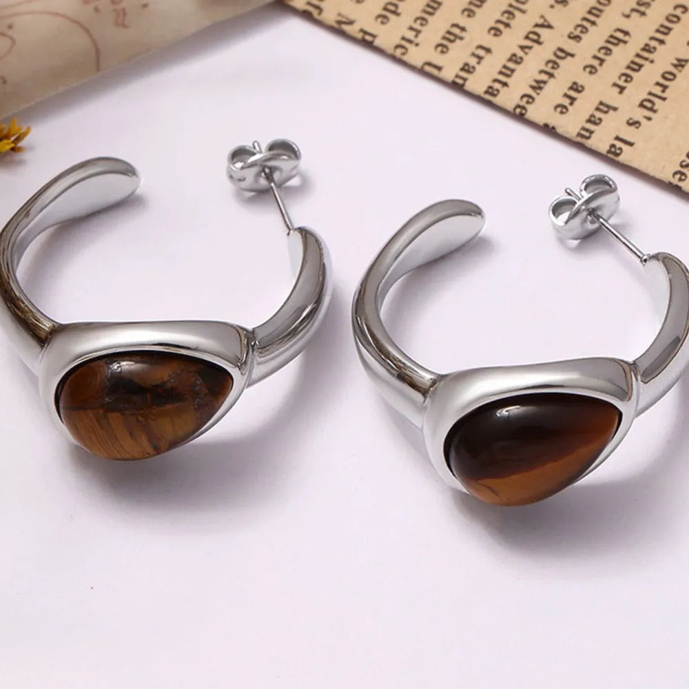 Stainless Steel Natural Tiger's Eye C-Hoop Earrings OutfitFlow