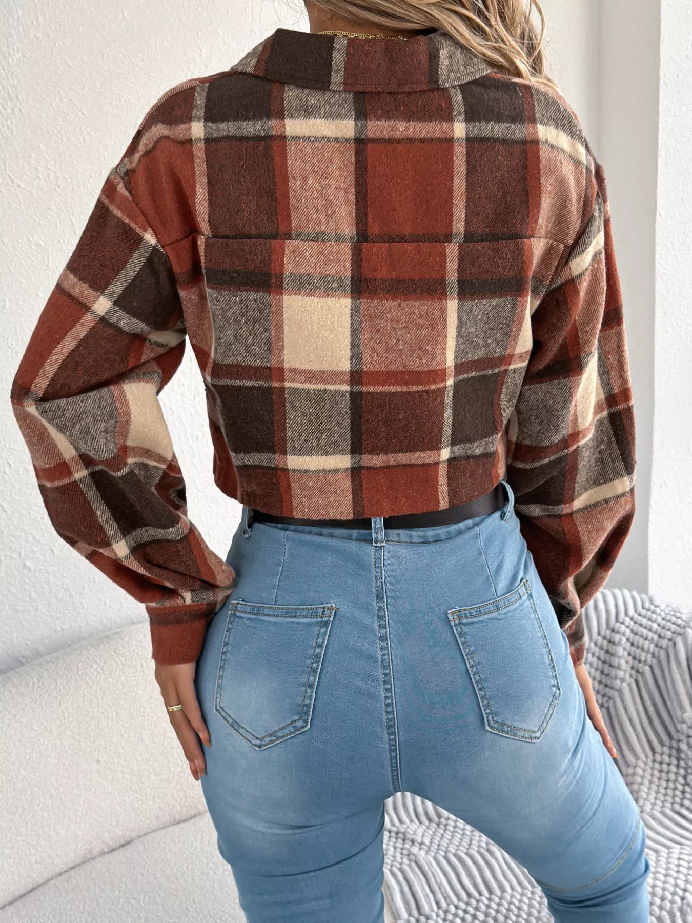 Plaid Button Up Cropped Jacket Trendsi