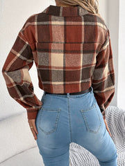 Plaid Button Up Cropped Jacket Trendsi