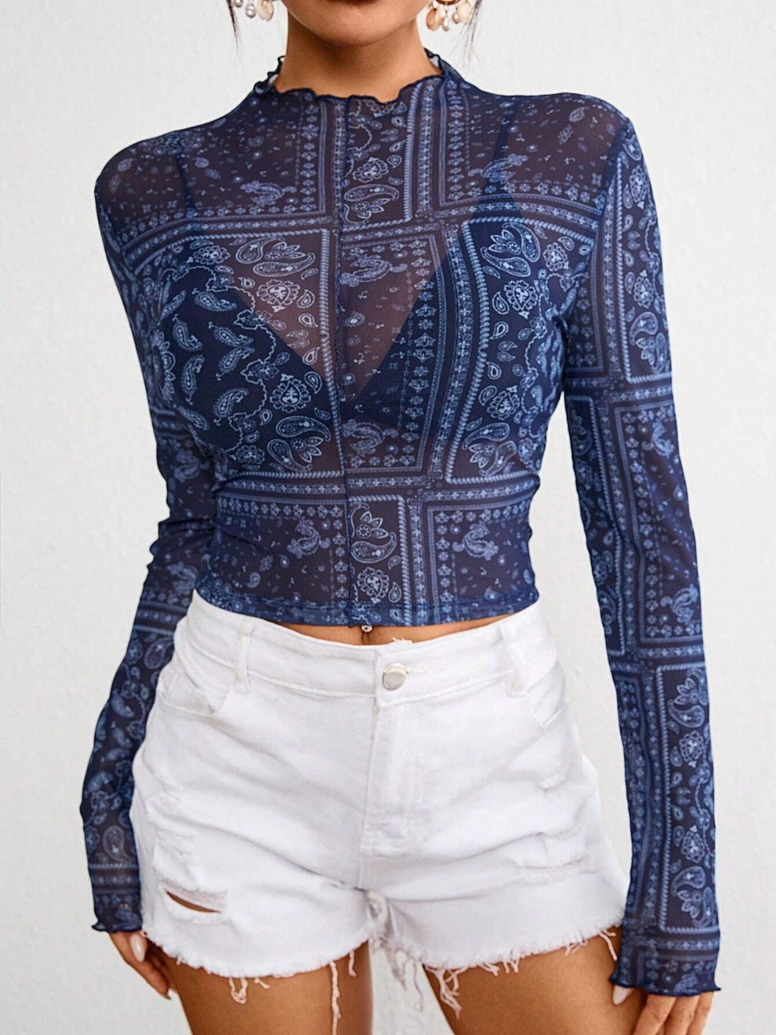 Paisley Mock Neck Long Sleeve Sheer Top OutfitFlow