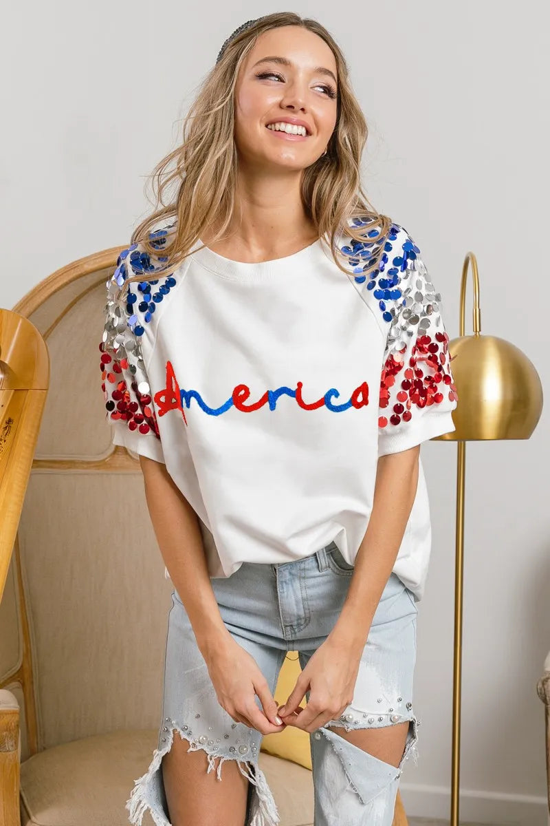 BiBi America Letter Applique Spangle Puff Sleeves Top OutfitFlow