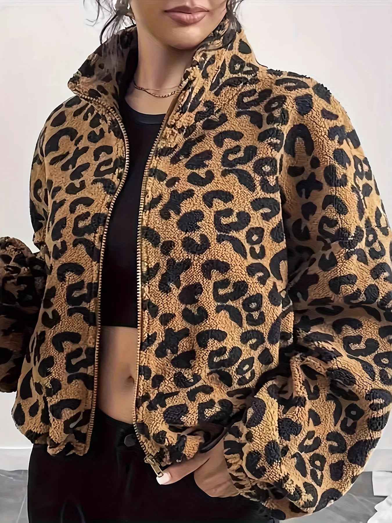 Leopard Fleece Zip-Up Jacket OutfitFlow