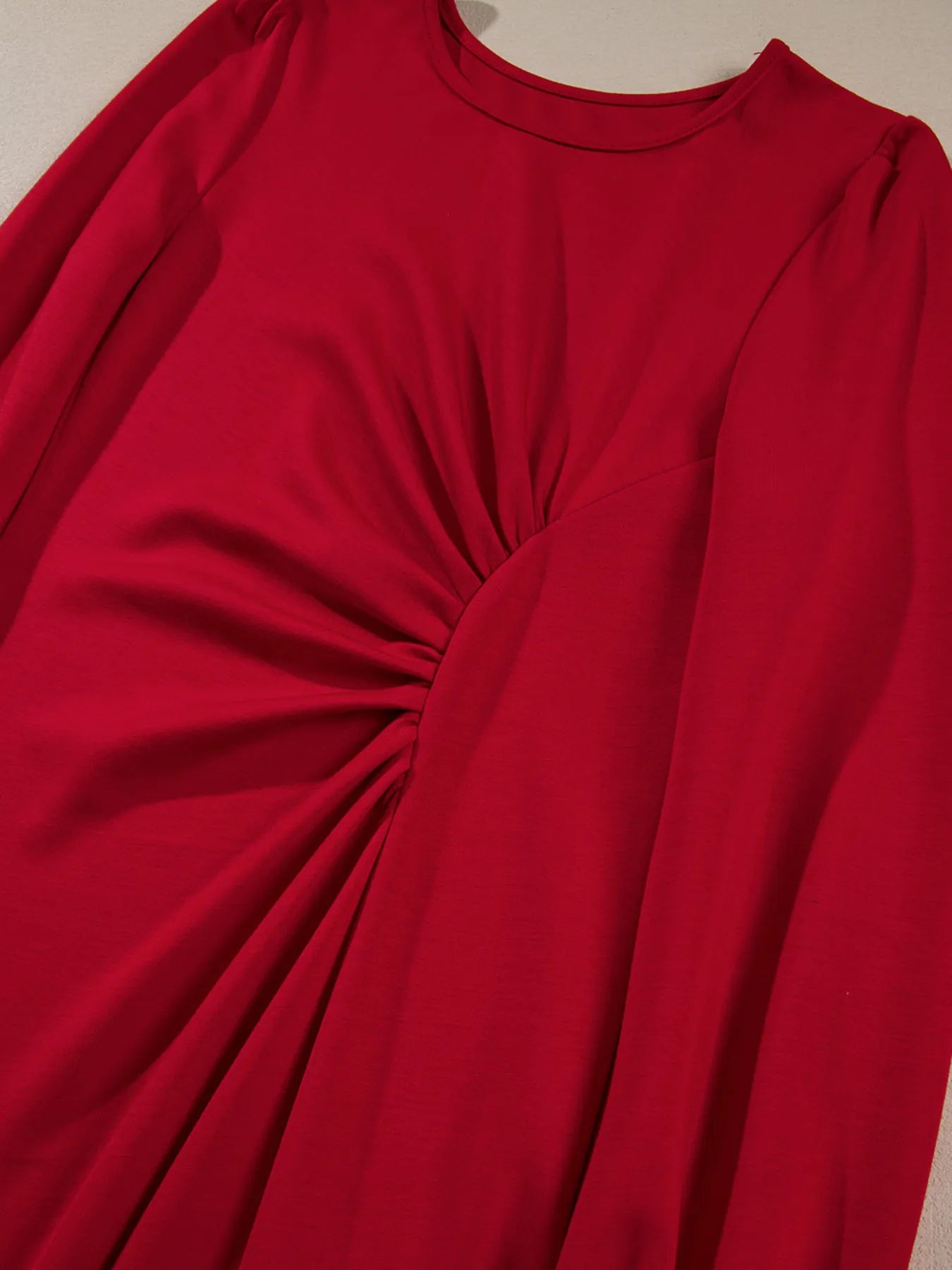 Solid Color Ruched Detail Long Sleeve Midi Dress OutfitFlow