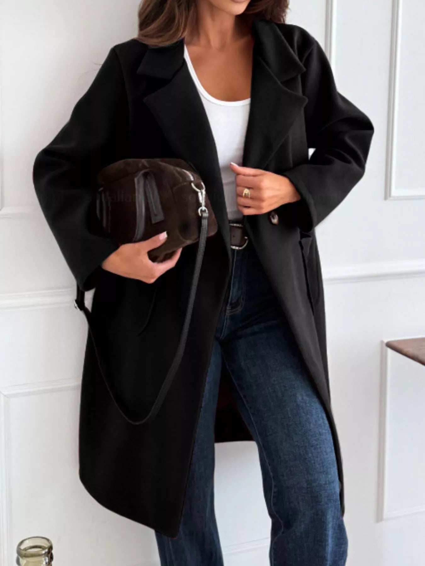 Long-Sleeve Single-Breasted Trench Coat Black Trendsi