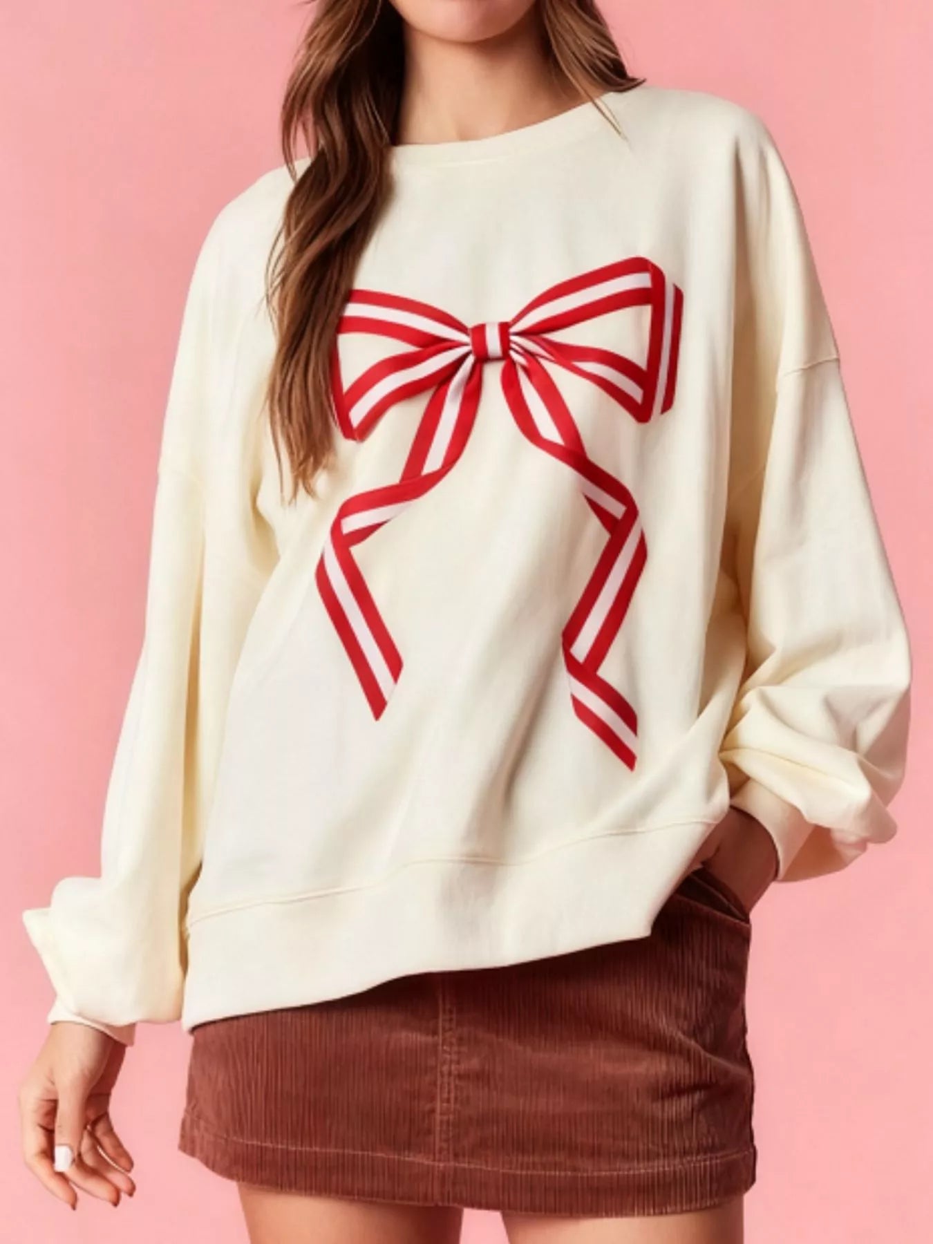 Bow Crew Neck Sweatshirt Apricot White OutfitFlow