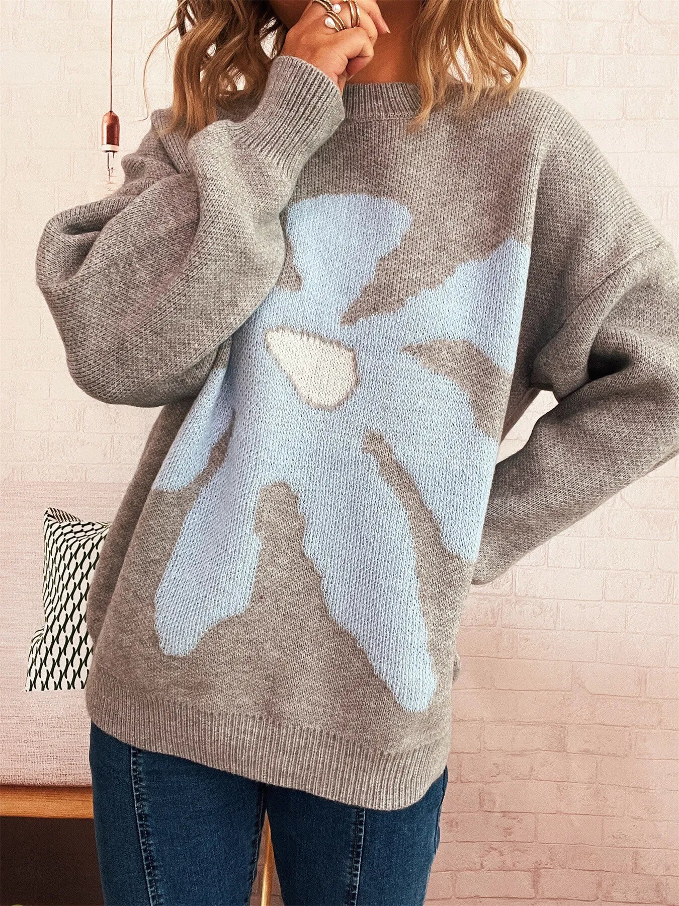 Flower Dropped Shoulder Sweater Trendsi