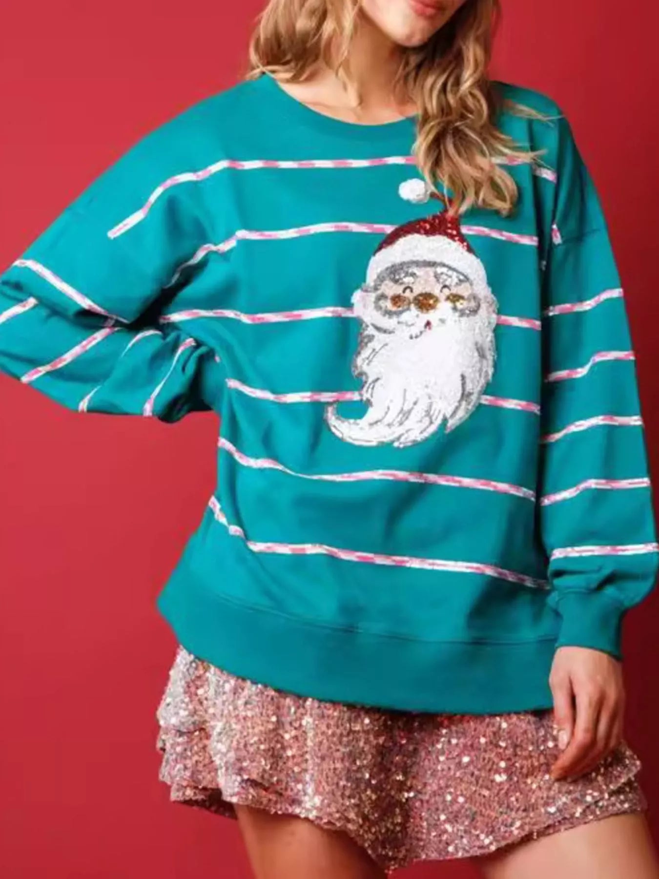 Christmas Santa Striped Long Sleeve Sweatshirt Peacock Blue OutfitFlow