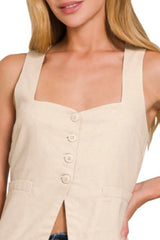 Zenana Linen Tie-back 4-button Vest with Lining OutfitFlow