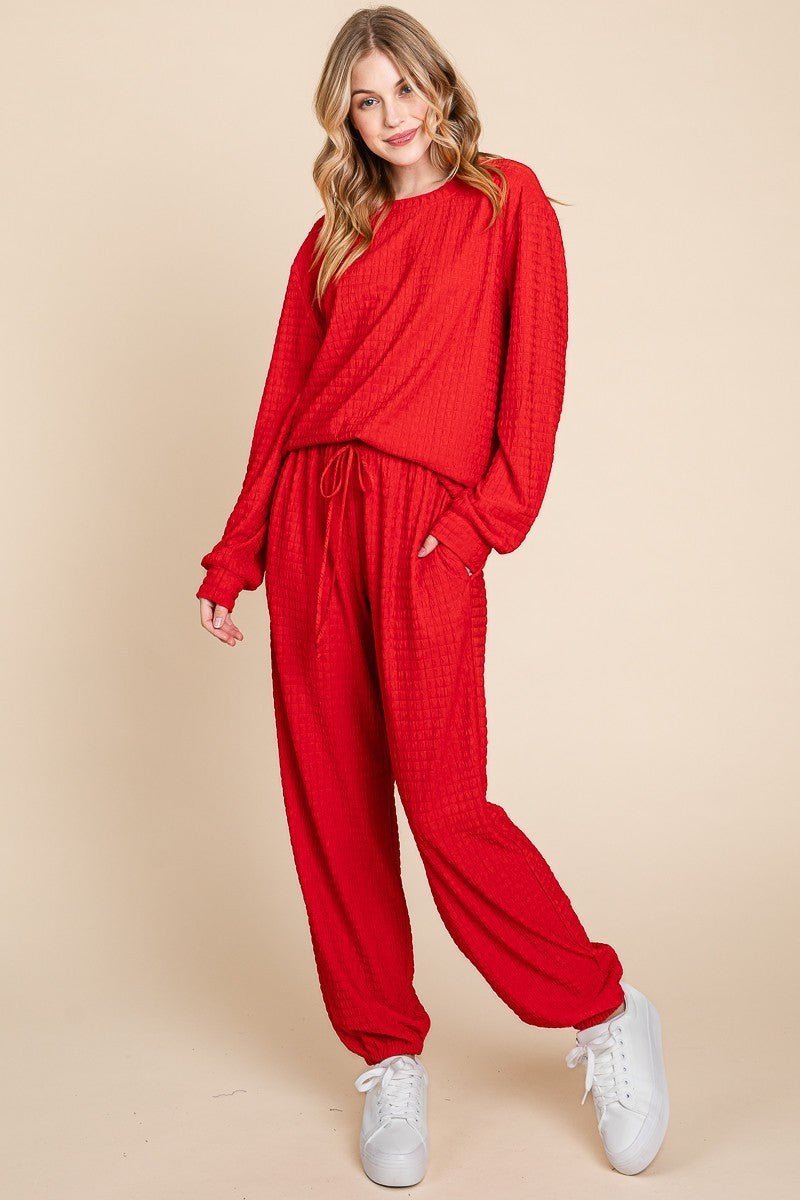 Outfit Flow - Super Lady Full Size Crinkle Check Round Neck Top and Pants Lounge Set