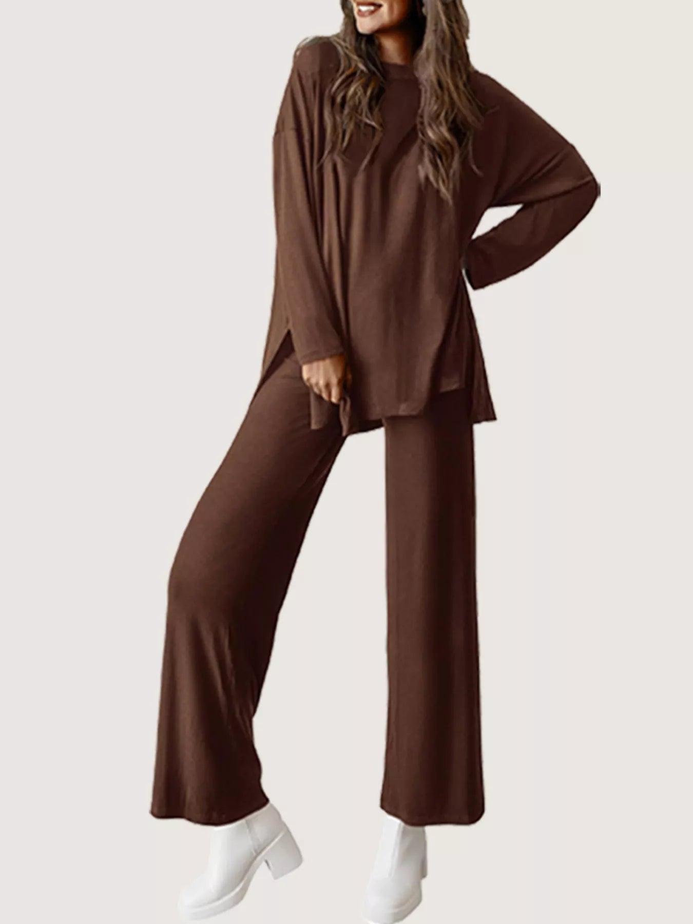 Casual Loose Long Sleeve Top and Wide Leg Pants Set Brown Trendsi