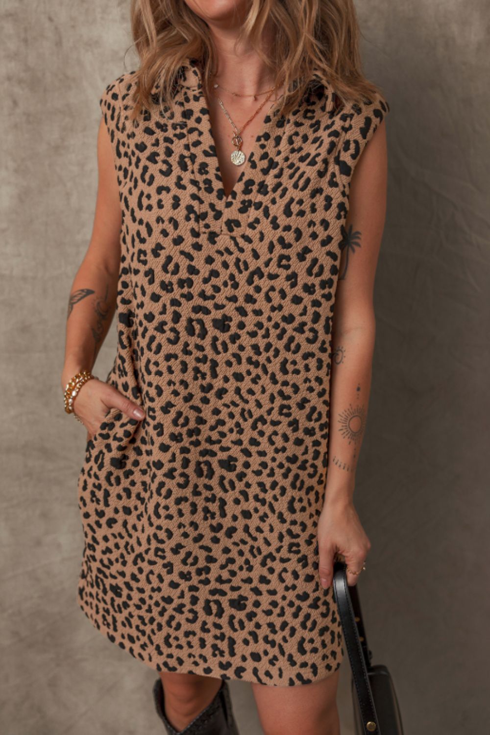 Outfit Flow - Leopard Johnny Collar Sleeveless Mini Dress