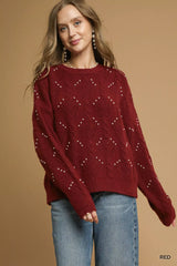 Umgee Pearl-Embellished Long Sleeve Sweater Red Trendsi