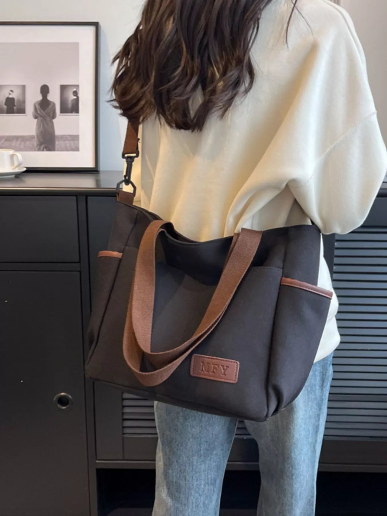 Canvas Shoulder Bag with Adjustable Strap Black onesize OutfitFlow