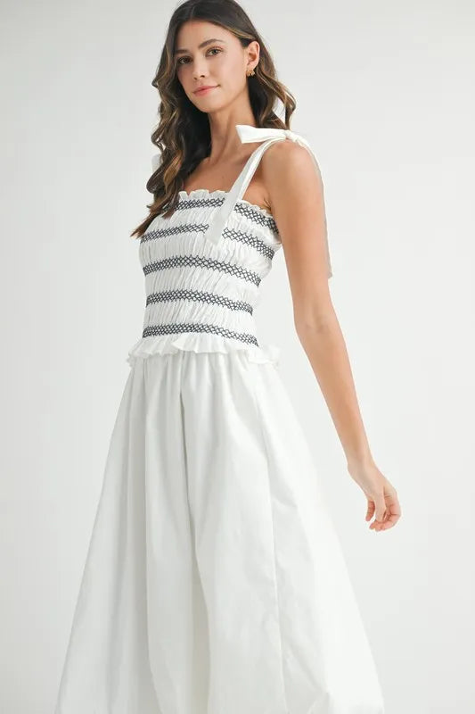 MABLE Smocked Bodice Bubble Midi Dress OutfitFlow