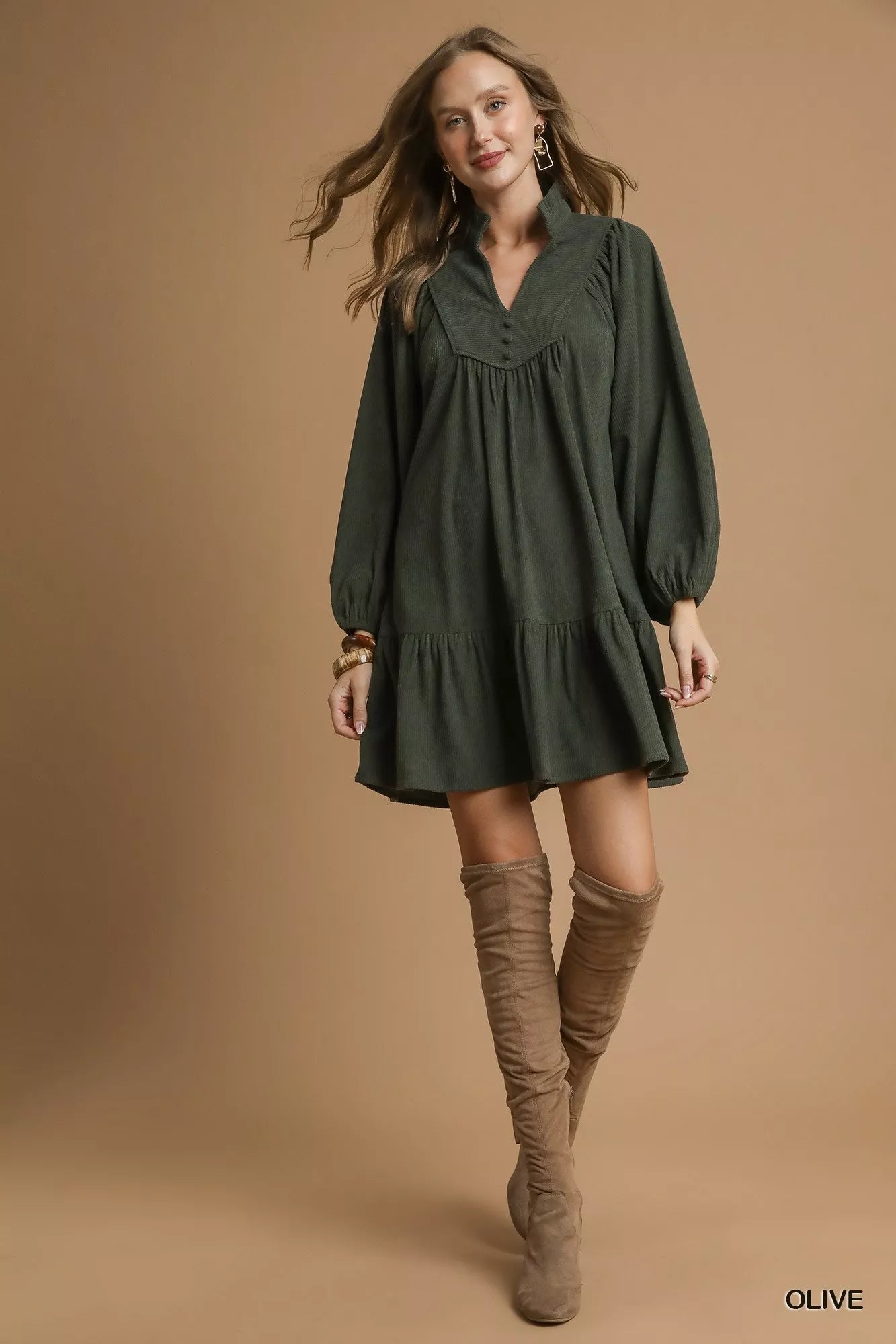 Umgee Corduroy Tiered Babydoll Dress OutfitFlow