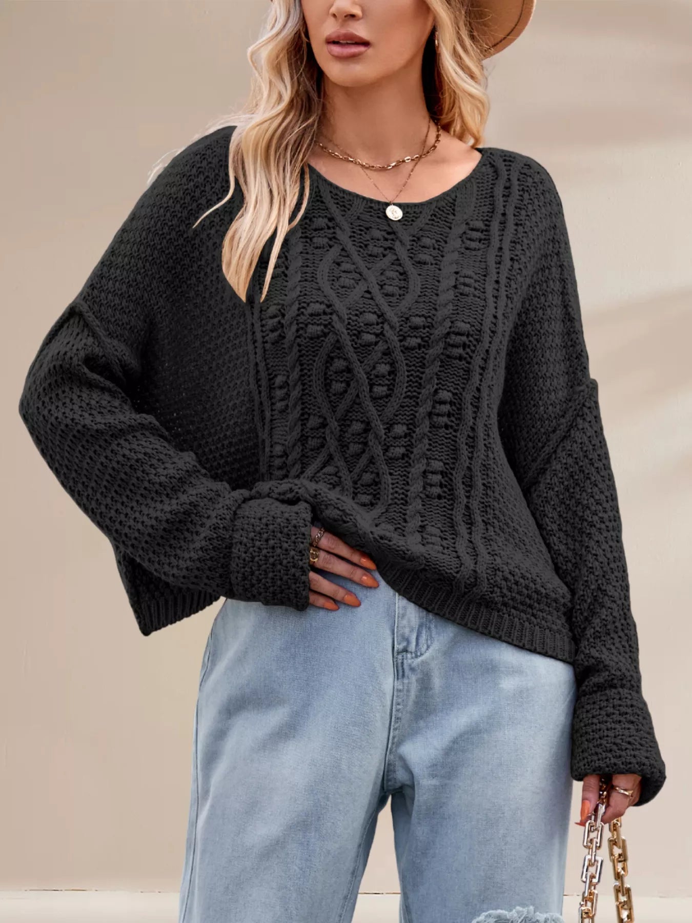 Textured Knit Round Neck Sweater OutfitFlow
