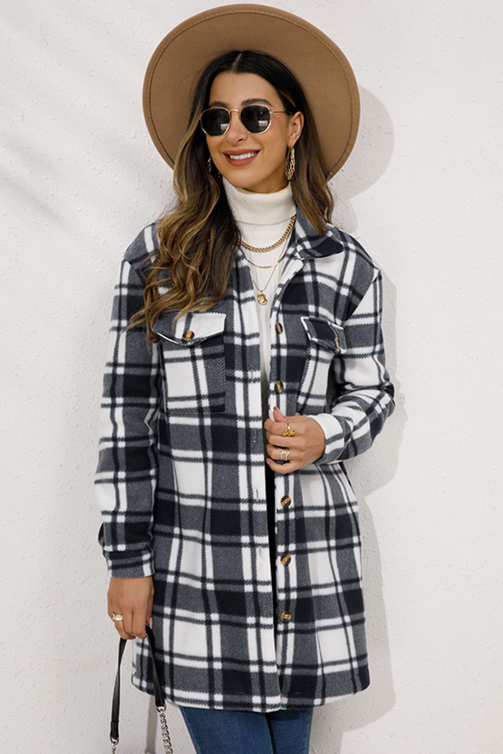 Shiny Plaid Collared Longline Coat Trendsi