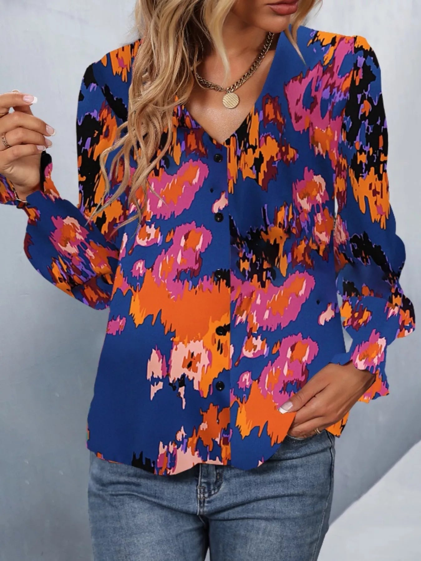 Printed Button Up Long Sleeve Shirt OutfitFlow