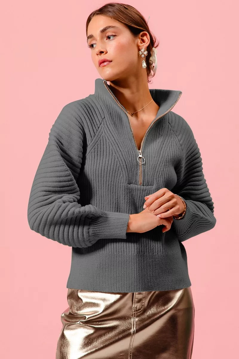 SO ME Half Zip Raglan Balloon Sleeves Ribbed Sweater CHARCOAL Trendsi