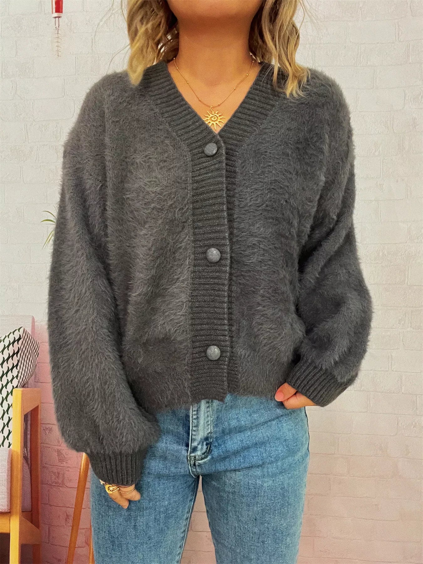 Fuzzy Button-Up Long Sleeve Cardigan Dark Gray One Size OutfitFlow