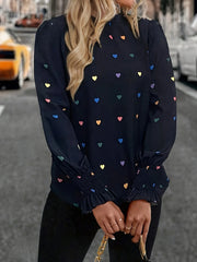 Colorful Heart Print Lantern Sleeve Blouse OutfitFlow