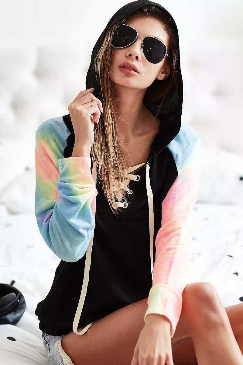 BiBi French Terry Lace Up Hoodie With Tie Dye Sleeves Trendsi