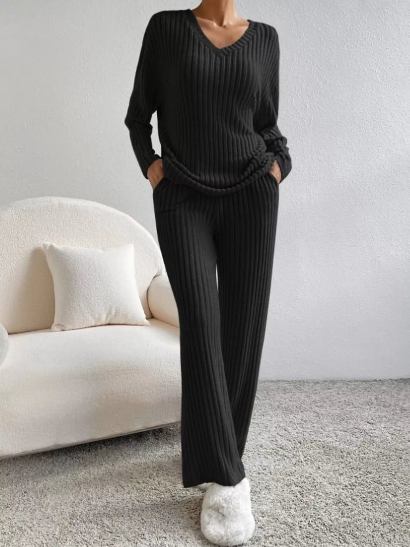 Ribbed Knit V-Neck Top and Pants Set OutfitFlow