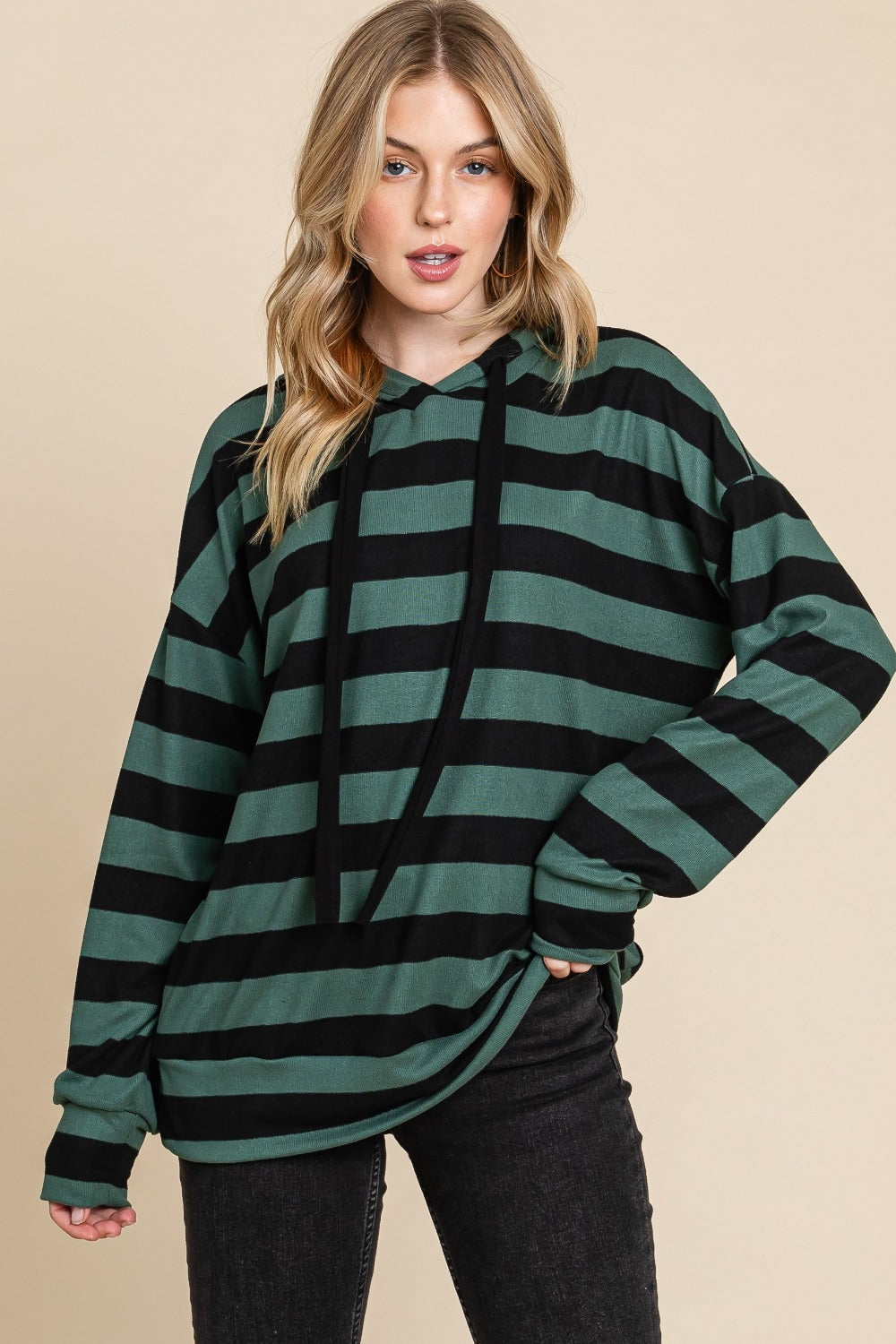 BOMBOM Drawstring Striped Dropped Shoulder Hoodie