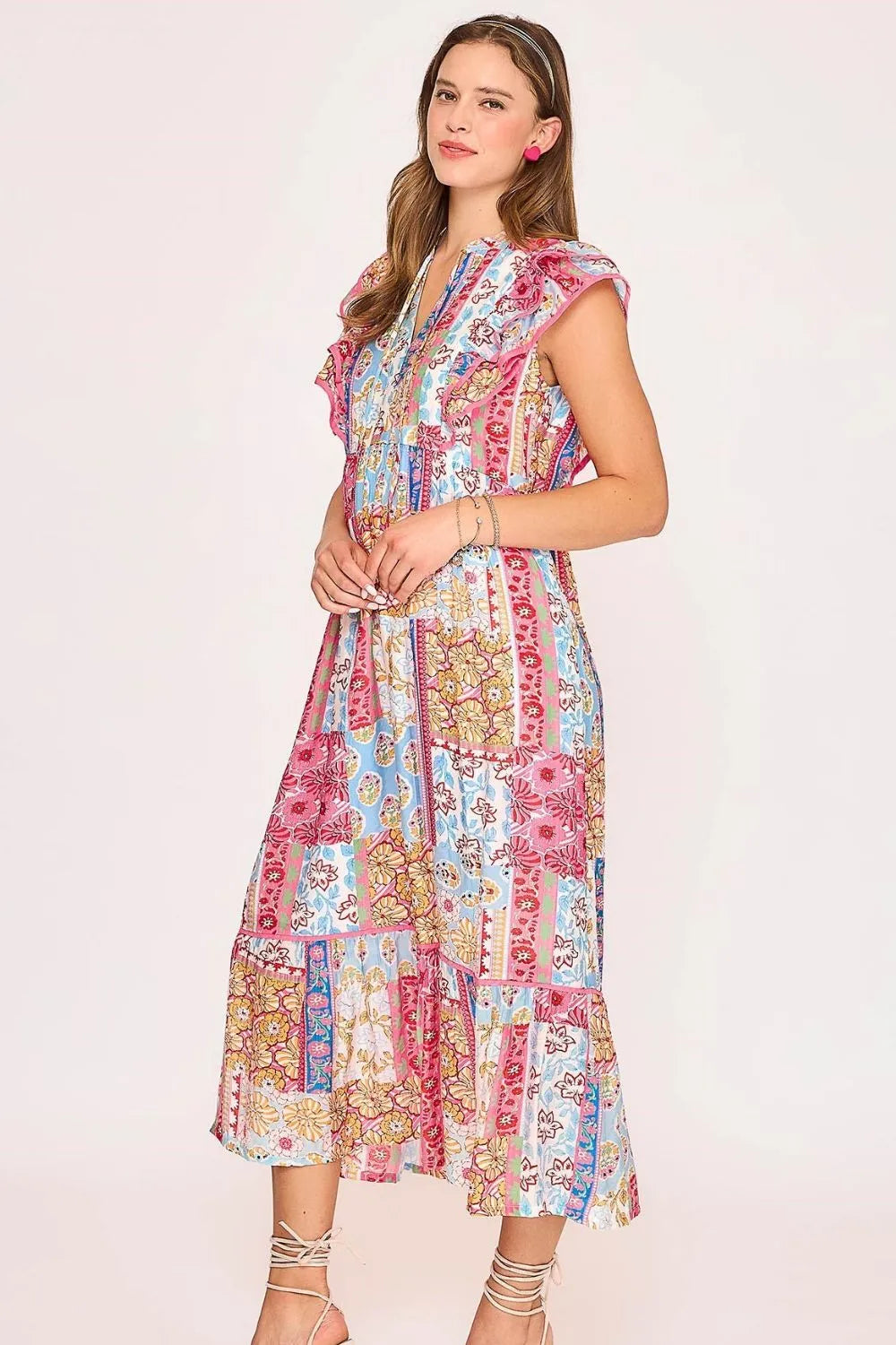 Umgee Full Size Tie Neck Double Layered Ruffle Sleeve Midi Dress Plus Size OutfitFlow